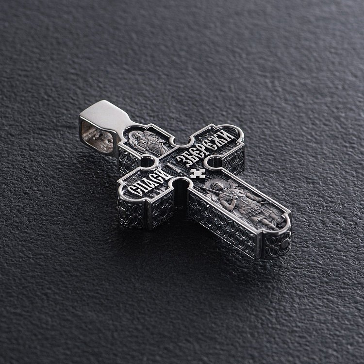 Чоловічий православний хрест "Розп'яття. Спаси і Збережи" з ебенового дерева та срібла 1214 від ювелірного магазину Онікс - 4