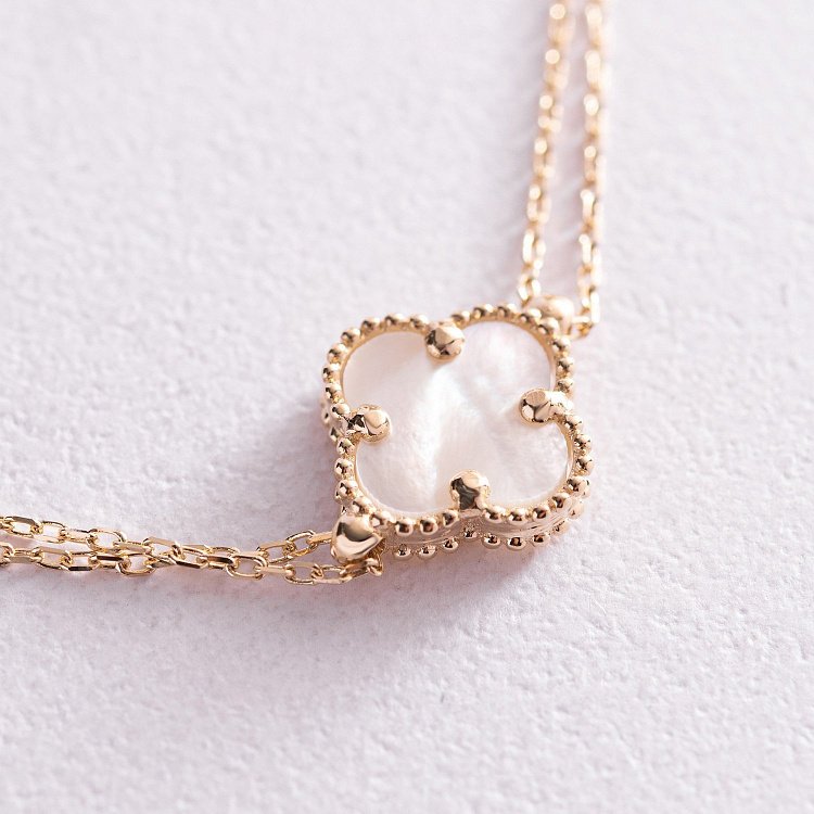 Двойной браслет "Клевер" в желтом золоте (перламутр) б04908 от ювелирного магазина Оникс - 2