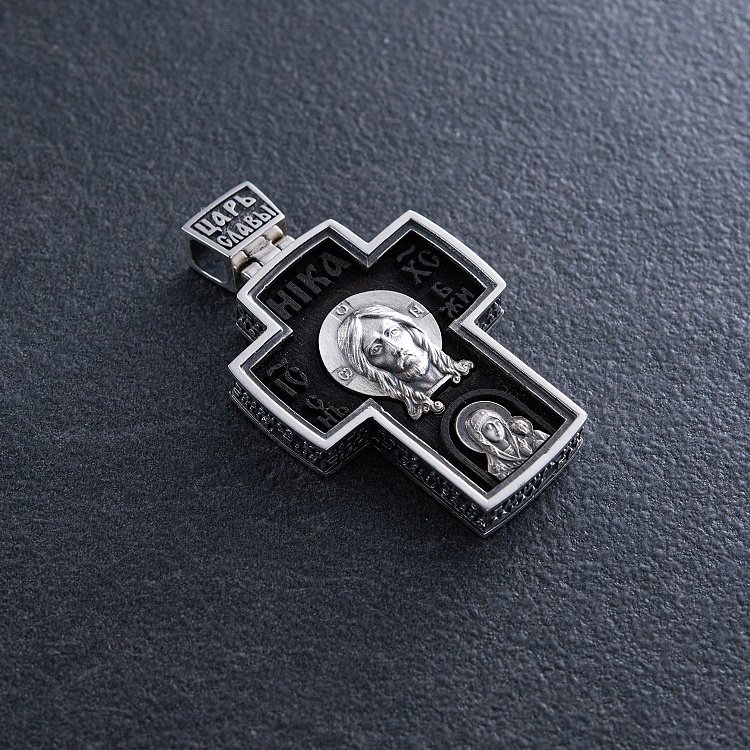 Чоловічий православний хрест "Спас Нерукотворний. Архангел Михаїл" з ебенового дерева та срібла 133230 від ювелірного магазину Онікс