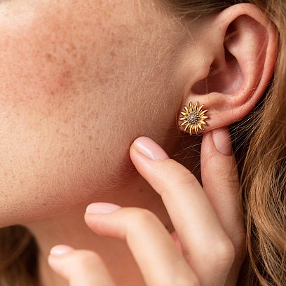 Серебряные серьги - пусеты "Подсолнухи" с позолотой 123248 №4