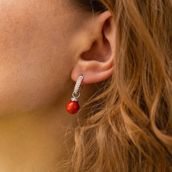 Золотые серьги "Шарики" с кораллом и бриллиантами сб0476ca №2