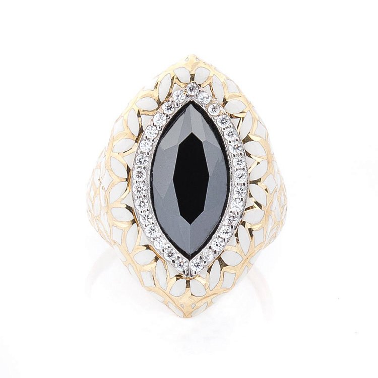 Ексклюзивна золота каблучка з емаллю і фіанітами к04084 - 1 Ексклюзивна золота каблучка з емаллю і фіанітами к04084 від ювелірного магазину Онікс - 1