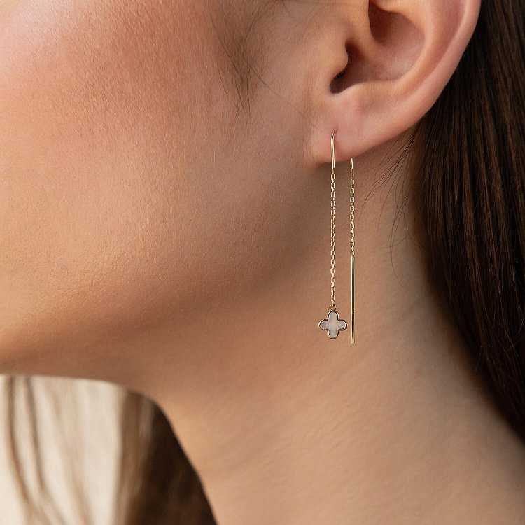 Золоті сережки - протяжки "Конюшина" з перламутром с08149 від ювелірного магазину Онікс - 3