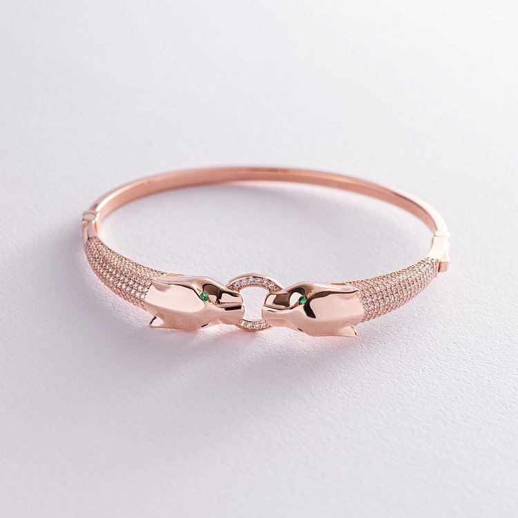 Жорсткий золотий браслет "Пантери" (фіаніти) б04772 від ювелірного магазину Онікс