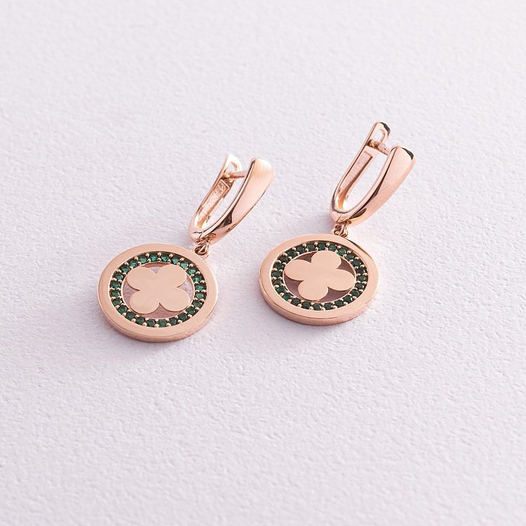 Серьги "Клевер" в красном золоте (зеленые фианиты) с07692 от ювелирного магазина Оникс