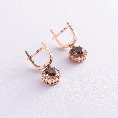 Золотые серьги (дымчатый кварц, фианиты) с01494 №2
