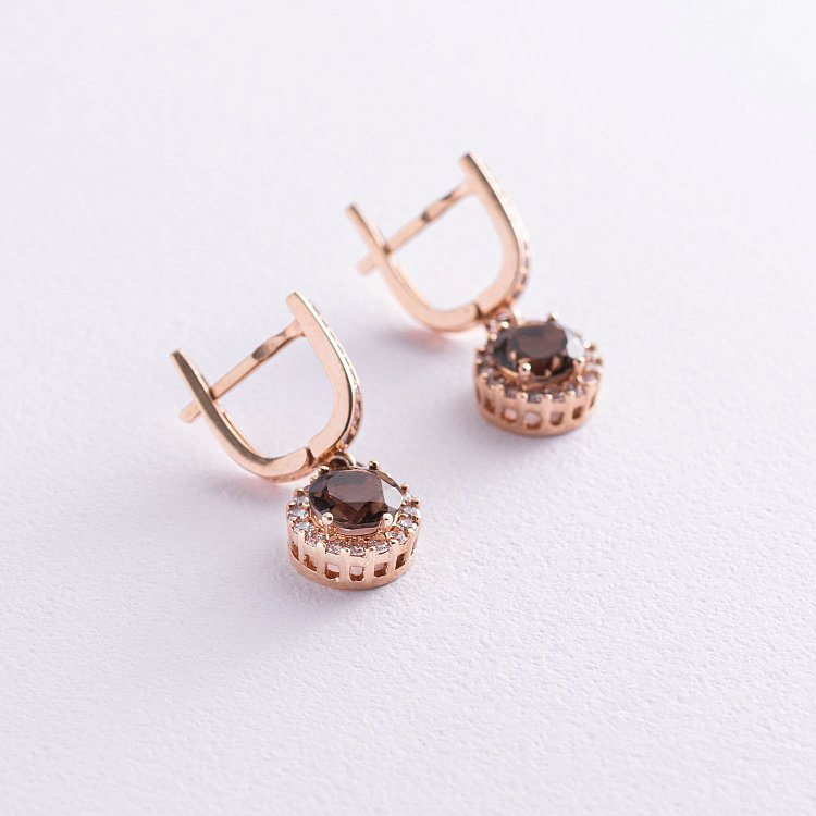 Золотые серьги (дымчатый кварц, фианиты) с01494 от ювелирного магазина Оникс - 1