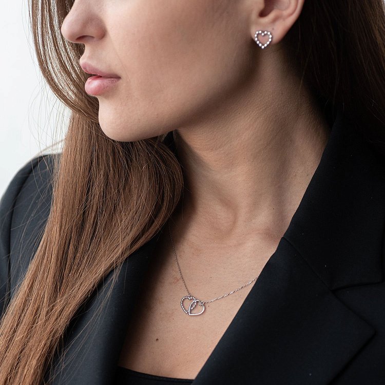 Серьги-пусеты "Влюбленные сердца" в белом золоте с06897 от ювелирного магазина Оникс - 7