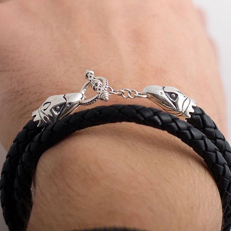 Шкіряний браслет Crixus Double з срібними вставками t20-02 від ювелірного магазину Онікс - 2