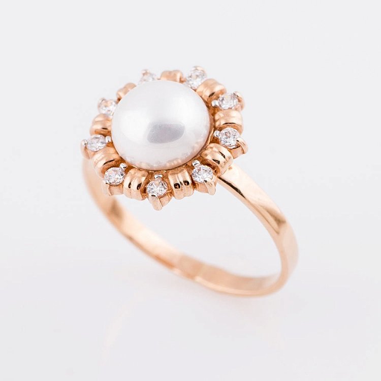 Золотое кольцо (культ. пресн. жемчуг,фианиты) к00027 от ювелирного магазина Оникс - 2