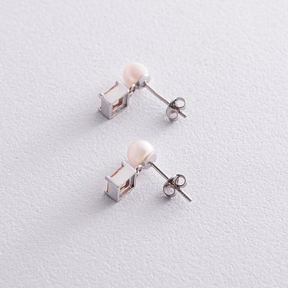 Золоті сережки - пусети "Альма" (помаранчеві фіаніти, перли) с08249 №6