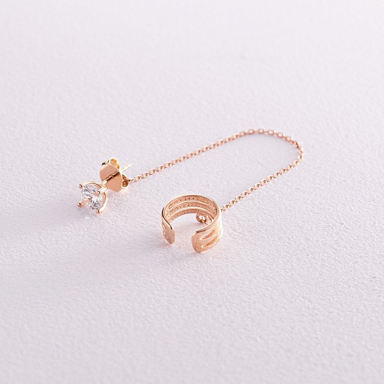 Серьга - каффа "Тринити" в красном золоте (фианит) с08081 от ювелирного магазина Оникс - 1