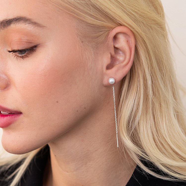 Серебряные серьги - протяжки с жемчугом 123104 от ювелирного магазина Оникс - 4