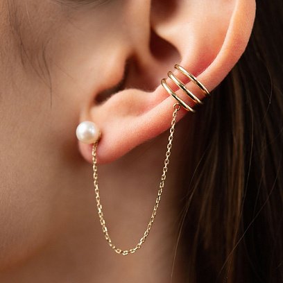 Сережка - каффа "Трініті" з перлиною (жовте золото) с08260 №6