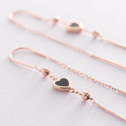 Золоті сережки - протяжки "Сердечка" (емаль) с07351 №4