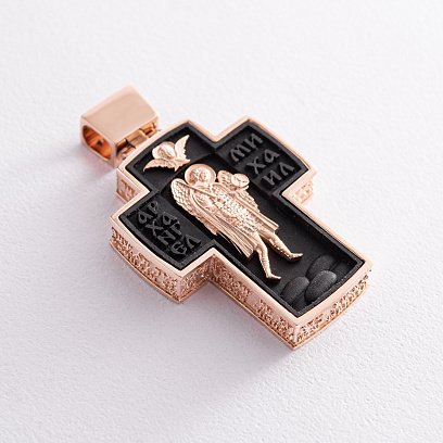 Чоловічий православний хрест "Спас Нерукотворний. Архангел Михайло" з ебенового дерева та золота п03675 №2