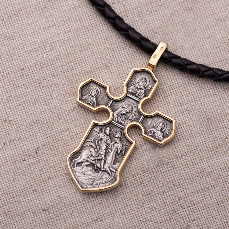 Православный крест "Распятие. Казанская икона Божией Матери с предстоящими святыми" 131464 от ювелирного магазина Оникс - 1