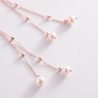 Золотые серьги с жемчугом на цепочке с07827 №3