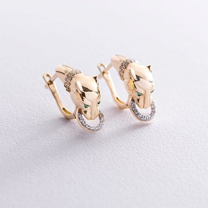 Золотые серьги "Пантера" с фианитами с05915