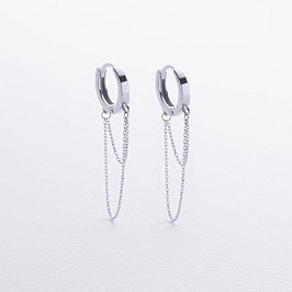 Серьги - кольца с цепочками в белом золоте с08919