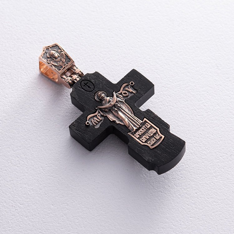 Золотий хрест "Розп'яття. Пресвята Богородиця" з ебеновим деревом 632зч від ювелірного магазину Онікс - 2