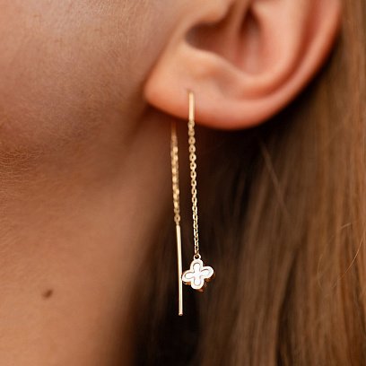 Золоті сережки - протяжки "Конюшина" з перламутром с08576 №4