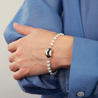 Срібний браслет "Сердечко" (перли) 141868 №2