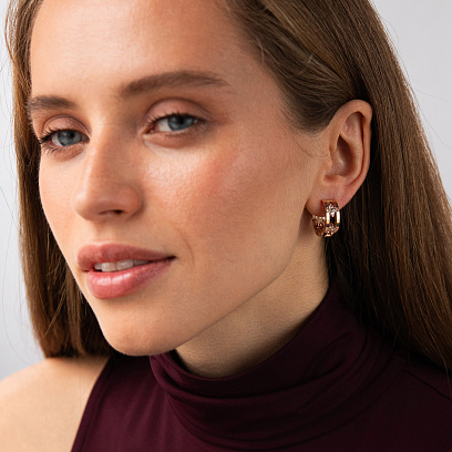 Серьги - кольца "Клевер" в красном золоте (фианиты) с09540 №5