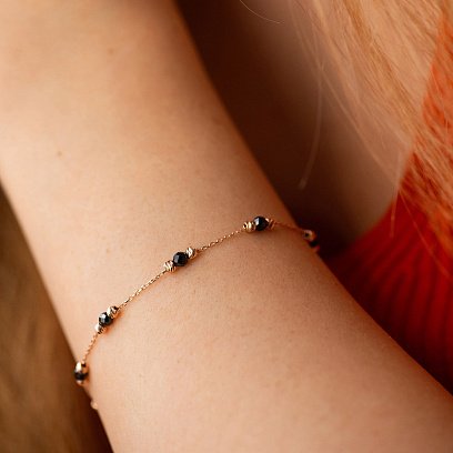 Золотой браслет "Шарики" с черными фианитами б05483 №4