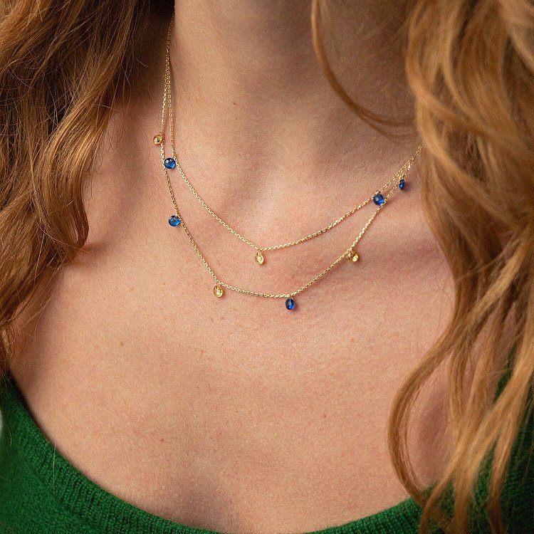 Двойное золотое колье "Украинка" (синие и желтые фианиты) кол02324 от ювелирного магазина Оникс - 1