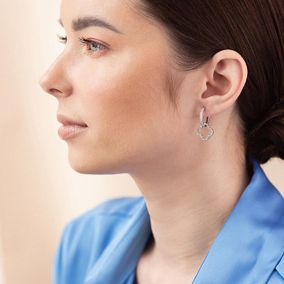 Серебряные серьги - кольца "Клевер" с фианитами 2 в 1 OR120810 №2