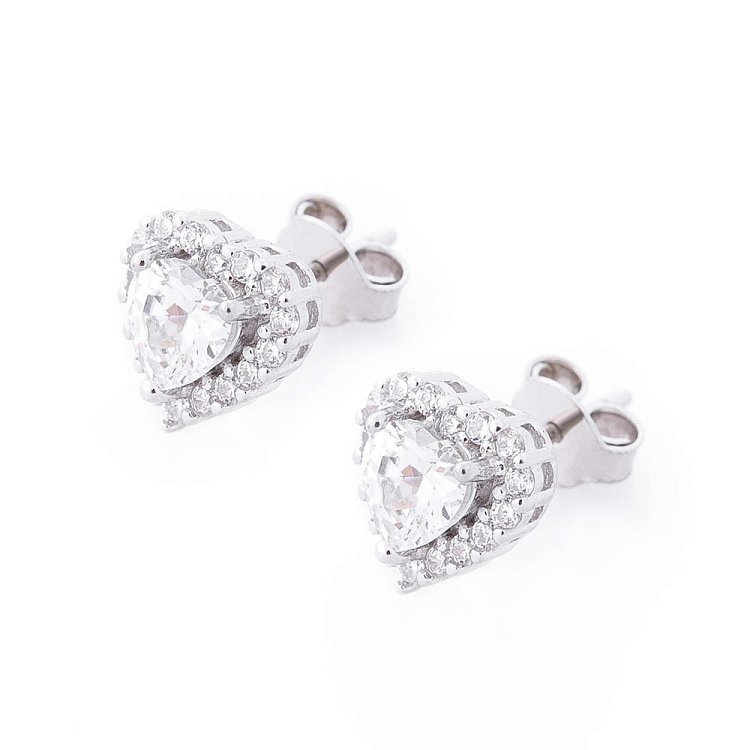 Серебряные серьги-гвоздики с сердечками (фианит) 122434 от ювелирного магазина Оникс