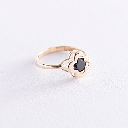 Каблучка "Конюшина" з чорним фіанітом (жовте золото) к05259