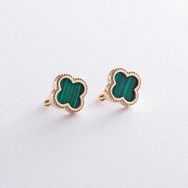Сережки "Конюшина" в жовтому золоті (малахіт) с06901