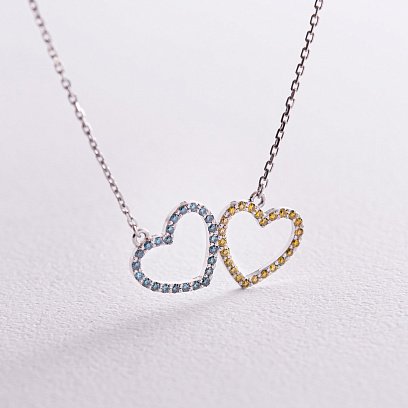 Золоте кольє "Сердечки" з блакитними і жовтими діамантами 727151121