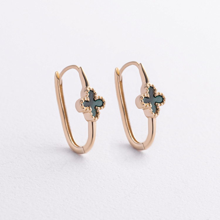 Сережки "Конюшина" з малахітом (жовте золото) с09414 від ювелірного магазину Онікс