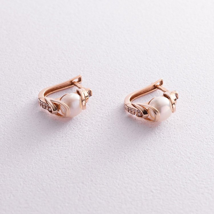 Золоті сережки (культ. прісн. перли, фіаніти) с04994 від ювелірного магазину Онікс