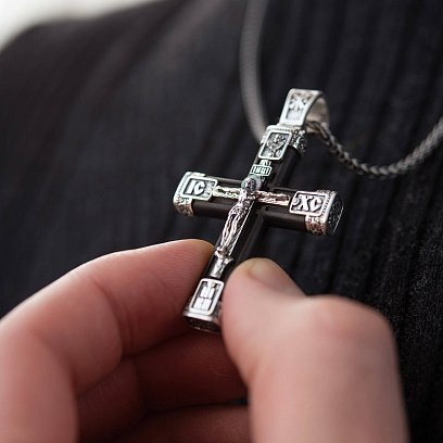 Срібний хрест "Розп'яття. Спаси та Збережи" з ебеновим деревом 981 №2