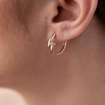 Серьги - кольца "Гвоздь" в красном золоте (фианиты) с08344 №4