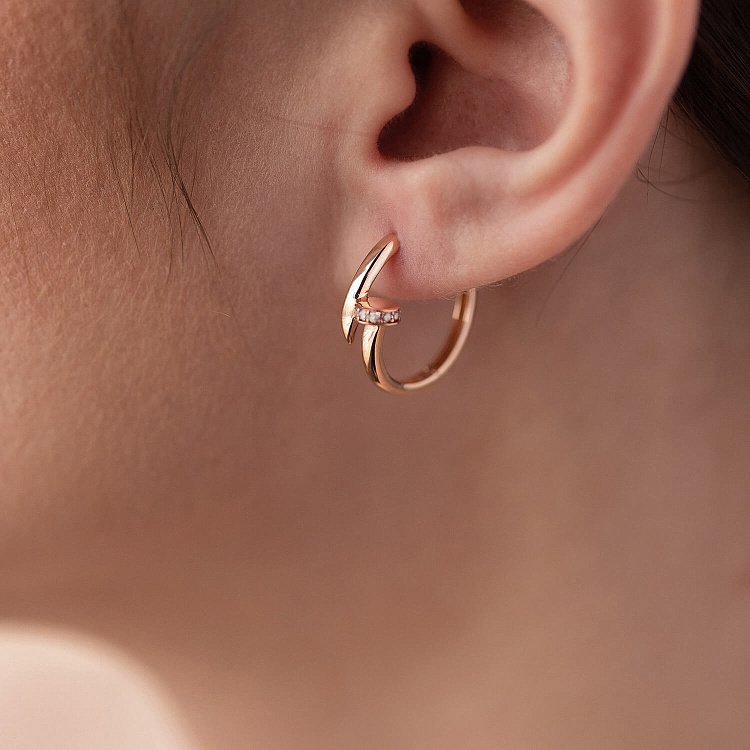 Серьги - кольца "Гвоздь" в красном золоте (фианиты) с08344 от ювелирного магазина Оникс - 3