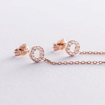 Серьги - пусеты "Кружочки" в красном золоте (фианиты) с07270 №5