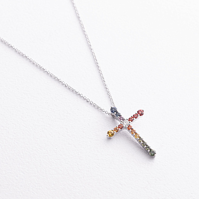 Золоте кольє "Хрестик" з діамантом і сапфірами колб0199lg