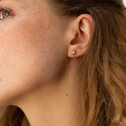 Золотые серьги - пусеты "Звезды метеориты" с фианитами с07854 №2