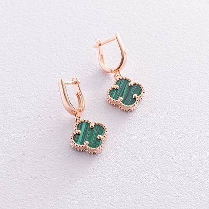 Серьги "Клевер" в красном золоте (малахит) с07374