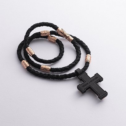 Мужской православный крест "Распятие. Спаси и Сохрани" на шнуре из эбенового дерева и золота кол02523 №3