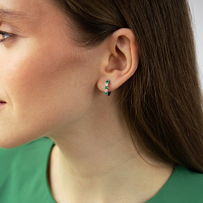 Серьги - кольца в белом золоте (бриллианты, изумруды) сб0729ri №2