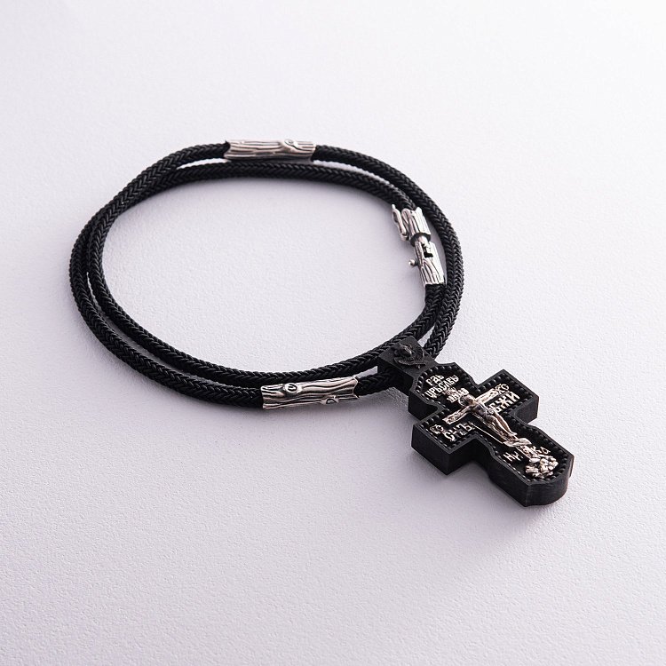 Серебряный крест  "Распятие. Спаси и Сохрани" на шнурке (эбеновое дерево) 819 от ювелирного магазина Оникс