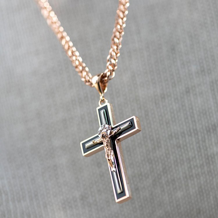 Золотий православний хрестик "Розп'яття. Спаси і Збережи" (емаль, фіаніти) п03905 від ювелірного магазину Онікс - 3