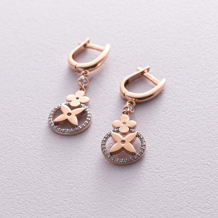 Золотые серьги "Клевер" с фианитами с04816 от ювелирного магазина Оникс - 2