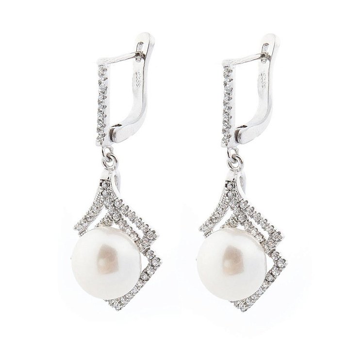 Серебряные серьги (культ. пресн. жемчуг, фианиты) 121812 от ювелирного магазина Оникс - 1